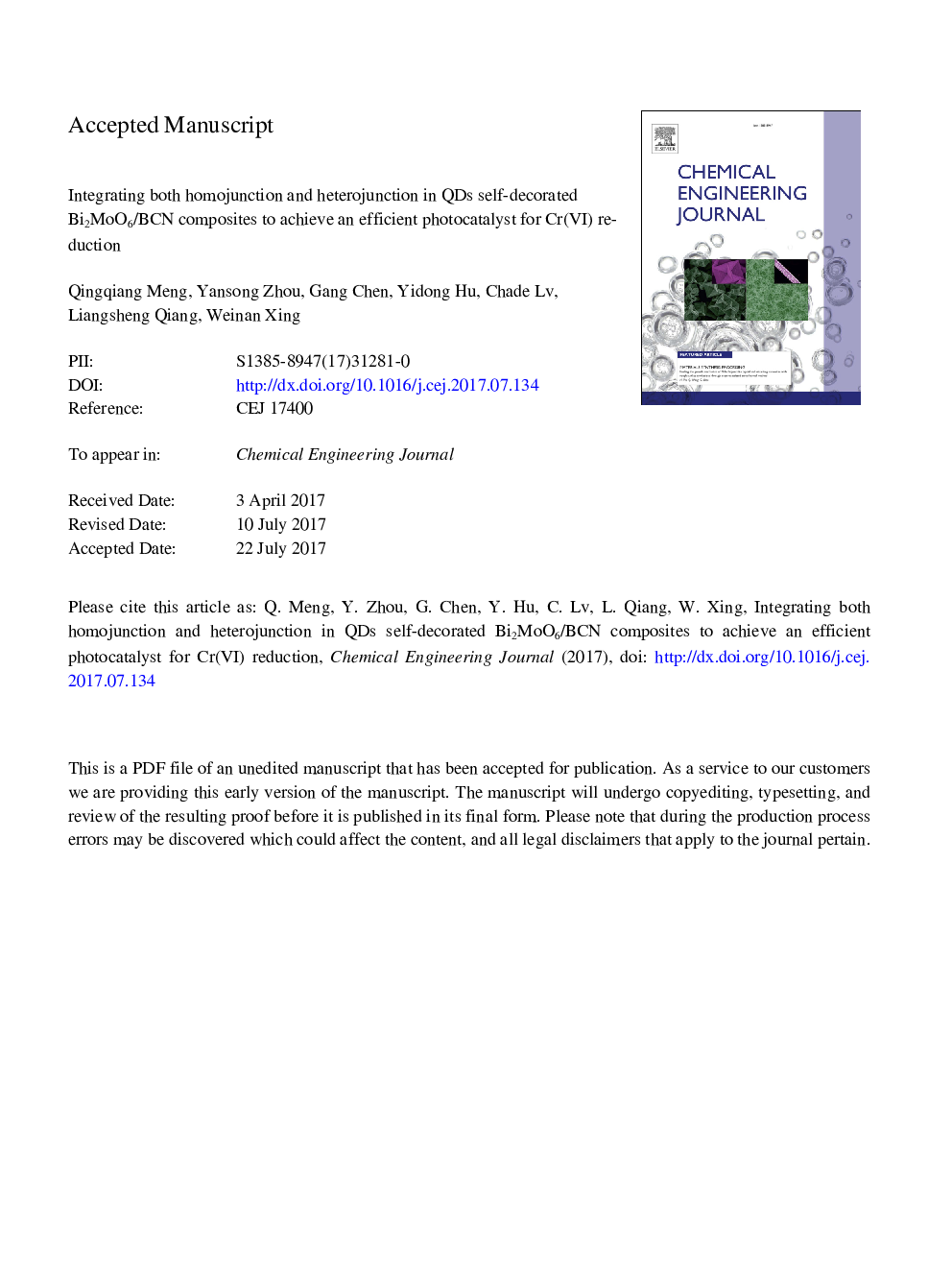 Integrating both homojunction and heterojunction in QDs self-decorated Bi2MoO6/BCN composites to achieve an efficient photocatalyst for Cr(VI) reduction