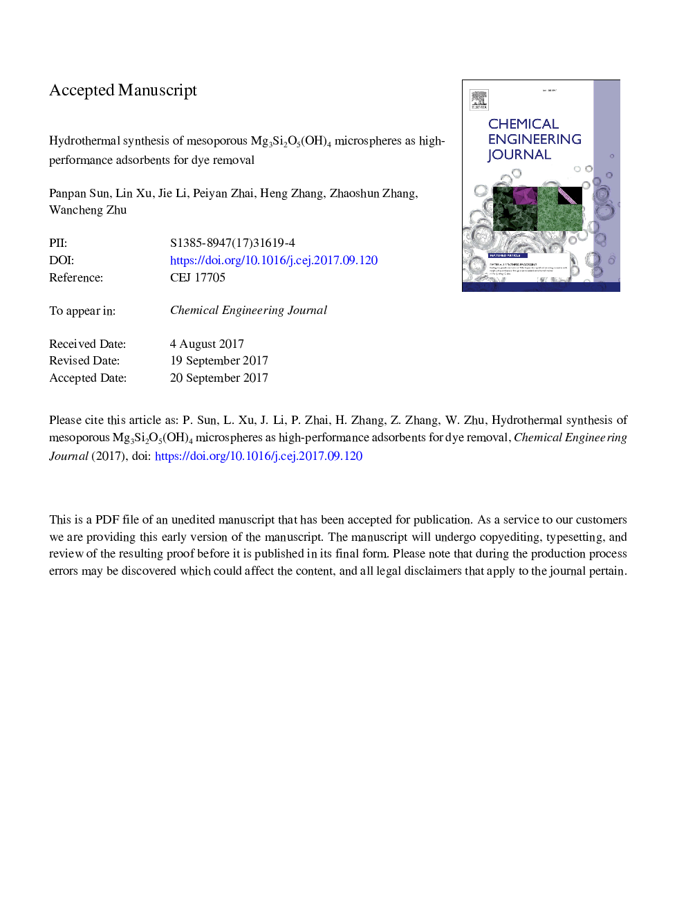 Hydrothermal synthesis of mesoporous Mg3Si2O5(OH)4 microspheres as high-performance adsorbents for dye removal