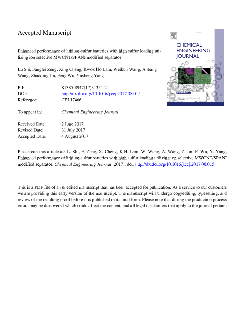 Enhanced performance of lithium-sulfur batteries with high sulfur loading utilizing ion selective MWCNT/SPANI modified separator