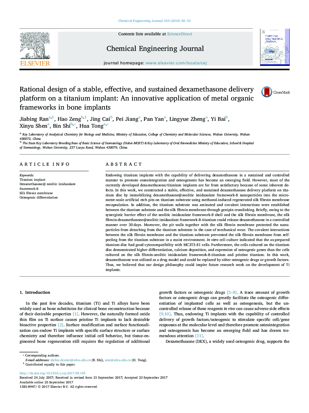 Rational design of a stable, effective, and sustained dexamethasone delivery platform on a titanium implant: An innovative application of metal organic frameworks in bone implants