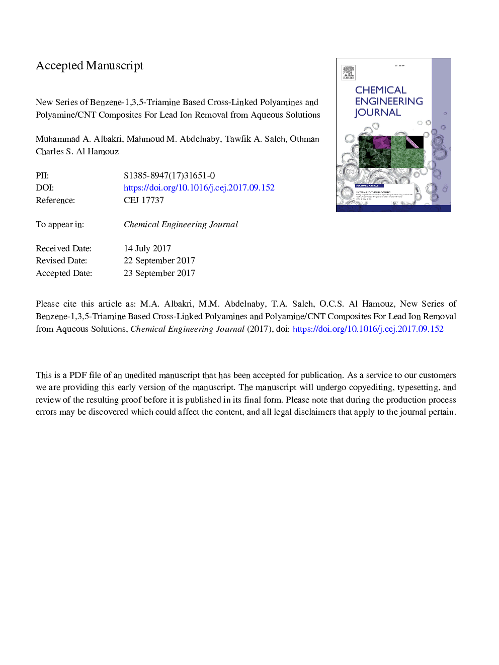 New series of benzene-1,3,5-triamine based cross-linked polyamines and polyamine/CNT composites for lead ion removal from aqueous solutions