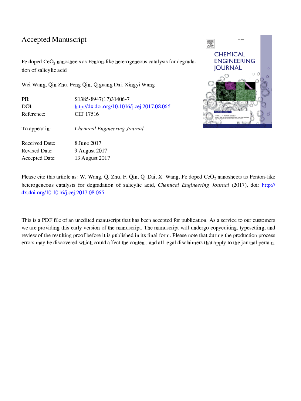 Fe doped CeO2 nanosheets as Fenton-like heterogeneous catalysts for degradation of salicylic acid