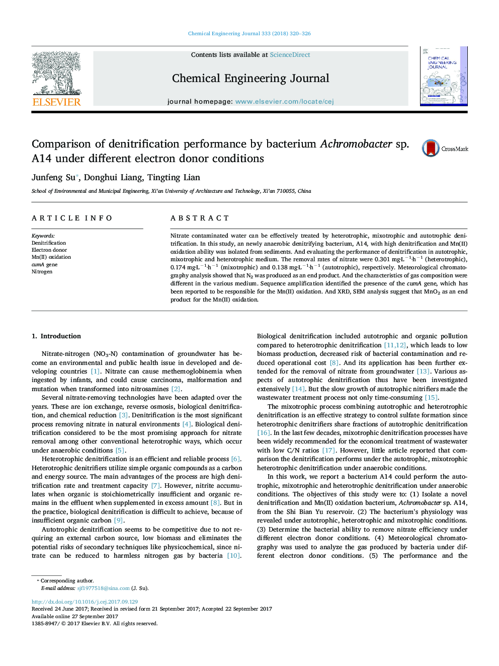 Comparison of denitrification performance by bacterium Achromobacter sp. A14 under different electron donor conditions