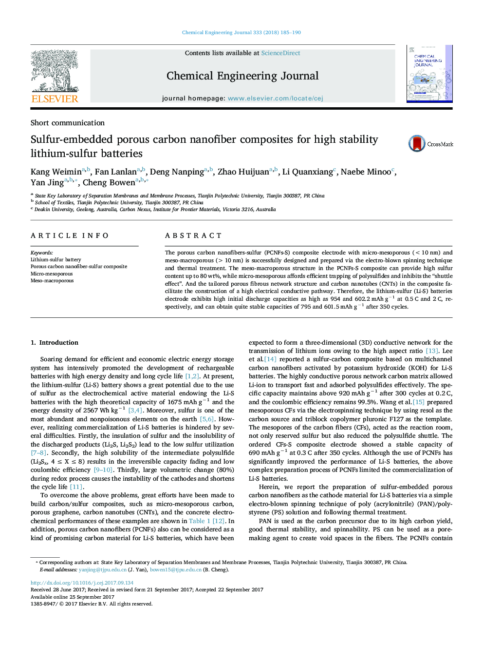 Sulfur-embedded porous carbon nanofiber composites for high stability lithium-sulfur batteries