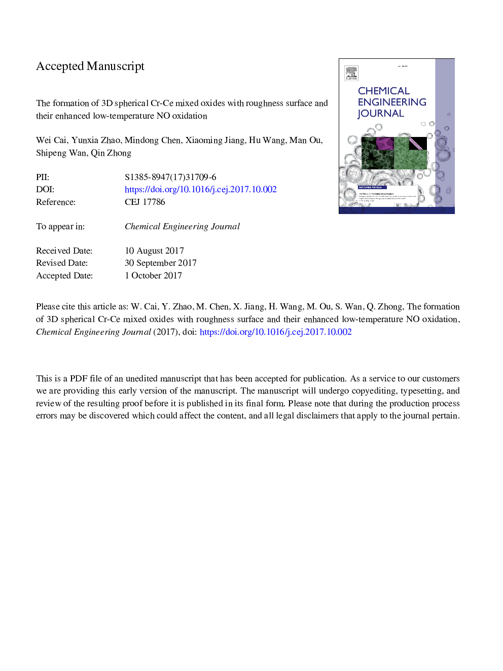 The formation of 3D spherical Cr-Ce mixed oxides with roughness surface and their enhanced low-temperature NO oxidation