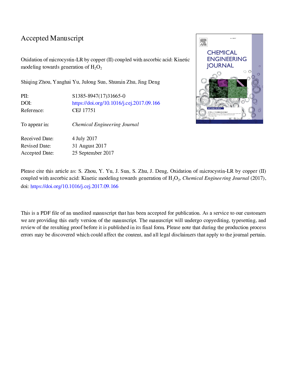 Oxidation of microcystin-LR by copper (II) coupled with ascorbic acid: Kinetic modeling towards generation of H2O2