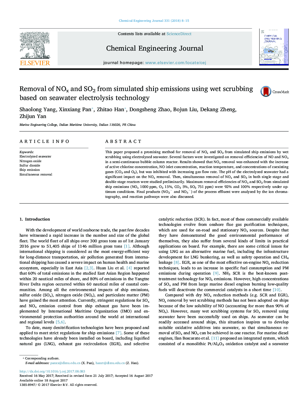 Removal of NOx and SO2 from simulated ship emissions using wet scrubbing based on seawater electrolysis technology