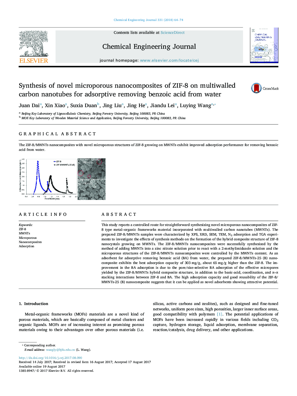 Synthesis of novel microporous nanocomposites of ZIF-8 on multiwalled carbon nanotubes for adsorptive removing benzoic acid from water