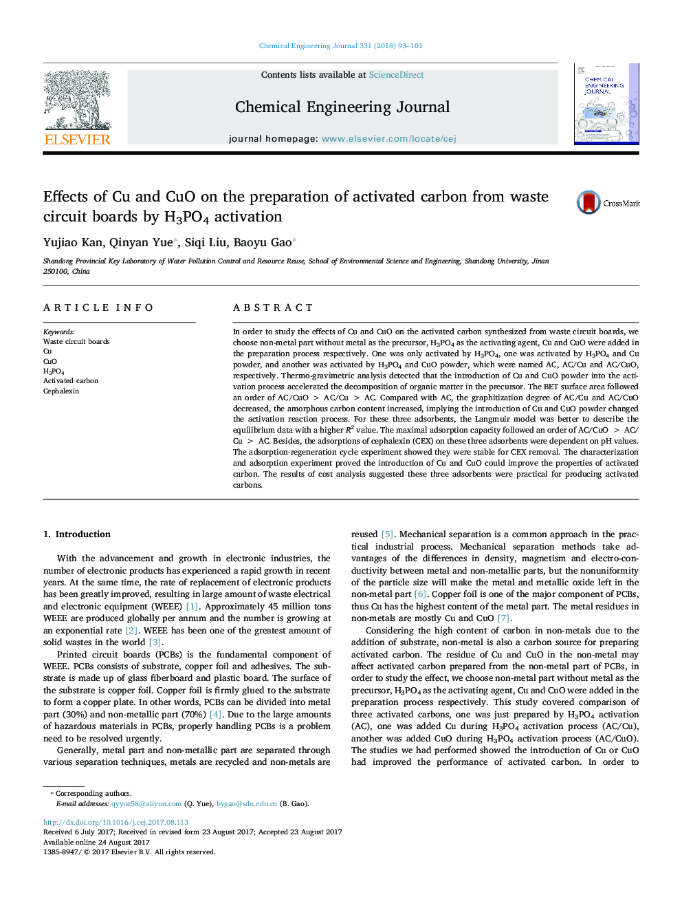 Effects of Cu and CuO on the preparation of activated carbon from waste circuit boards by H3PO4 activation