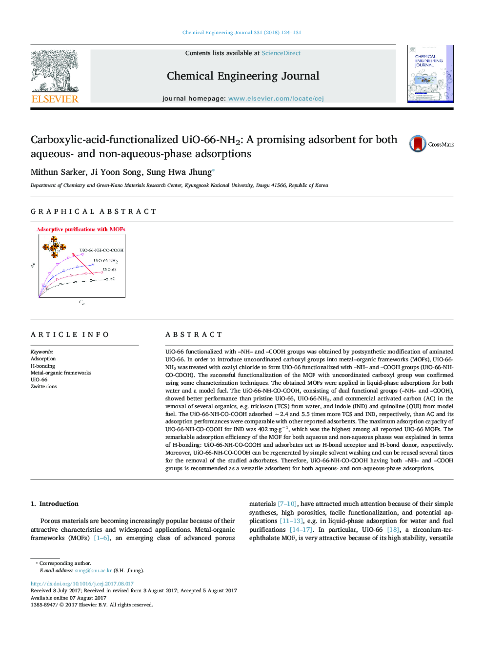 Carboxylic-acid-functionalized UiO-66-NH2: A promising adsorbent for both aqueous- and non-aqueous-phase adsorptions