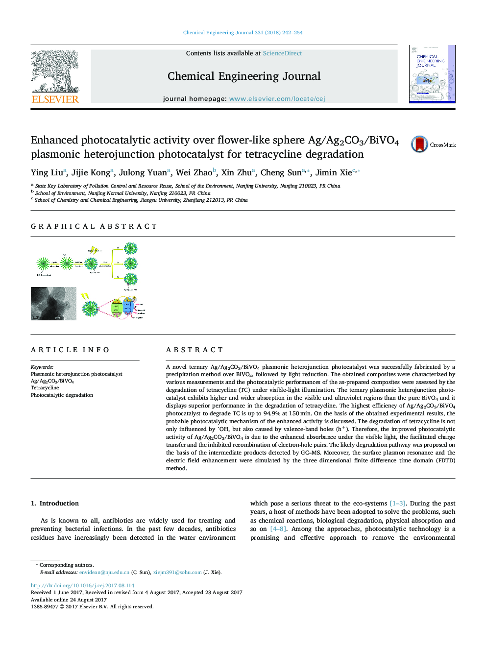 عکس صفحه اول مقاله: Enhanced photocatalytic activity over flower-like sphere Ag/Ag2CO3/BiVO4 plasmonic heterojunction photocatalyst for tetracycline degradation Enhanced photocatalytic activity over flower-like sphere Ag/Ag2CO3/BiVO4 plasmonic heterojunction photocatalyst for tetracycline degradation