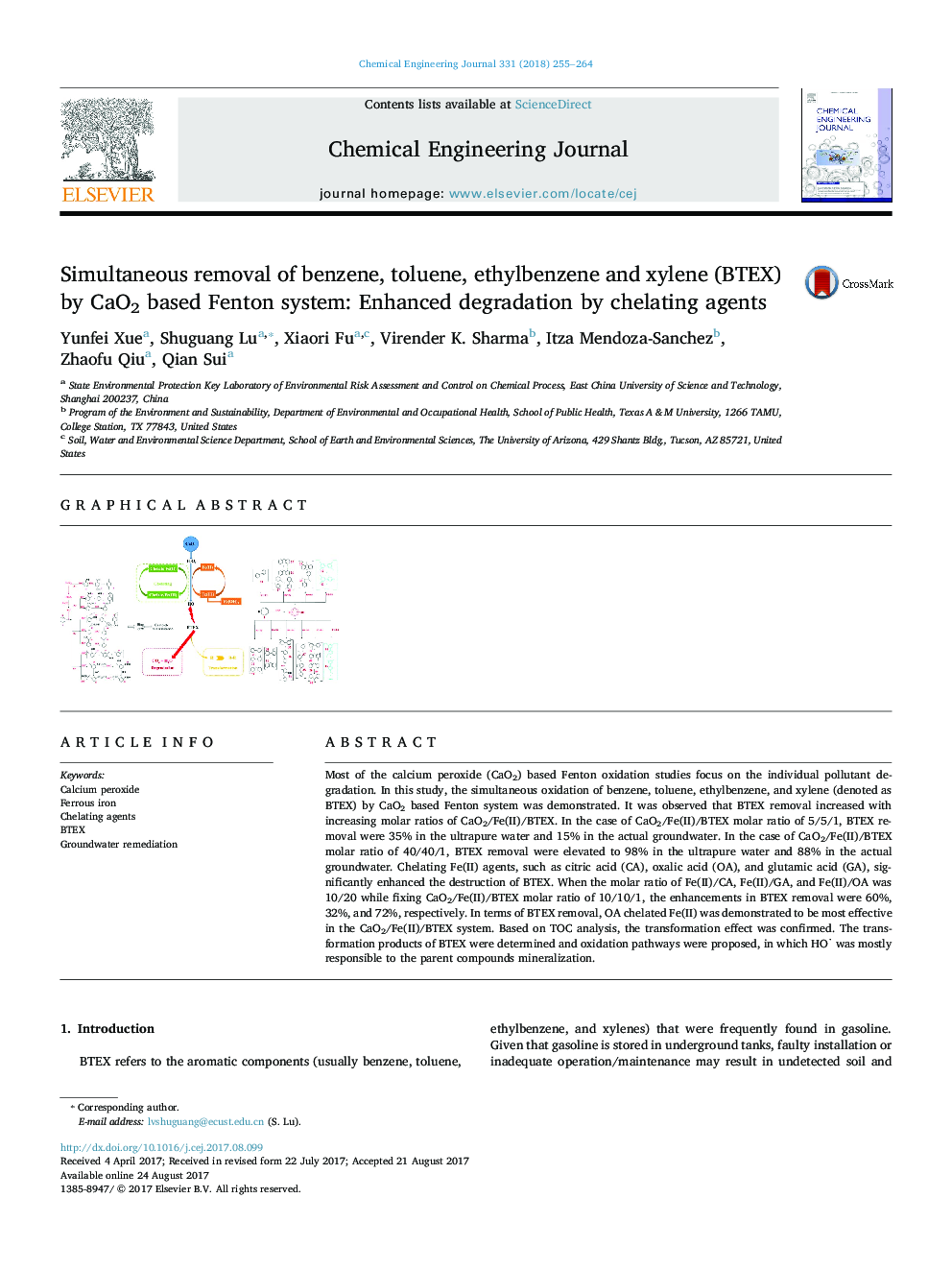 Simultaneous removal of benzene, toluene, ethylbenzene and xylene (BTEX) by CaO2 based Fenton system: Enhanced degradation by chelating agents