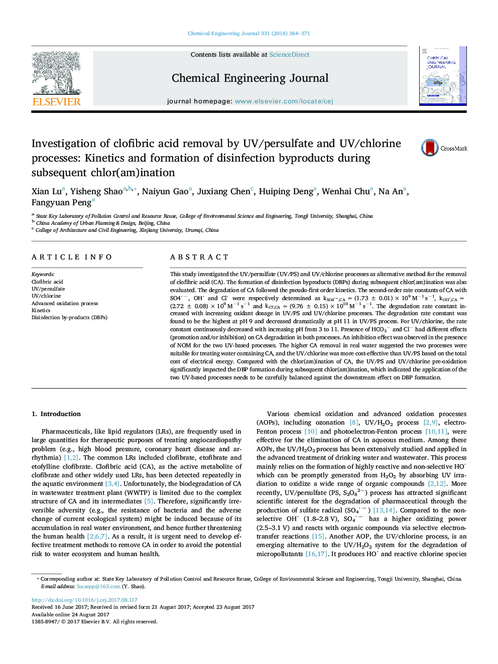 Investigation of clofibric acid removal by UV/persulfate and UV/chlorine processes: Kinetics and formation of disinfection byproducts during subsequent chlor(am)ination