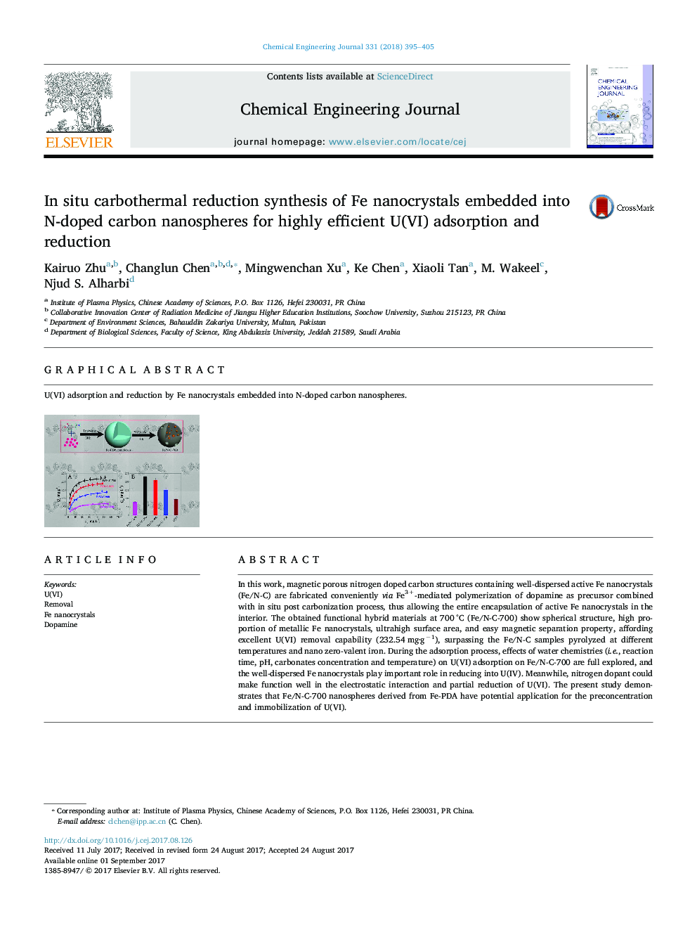 In situ carbothermal reduction synthesis of Fe nanocrystals embedded into N-doped carbon nanospheres for highly efficient U(VI) adsorption and reduction