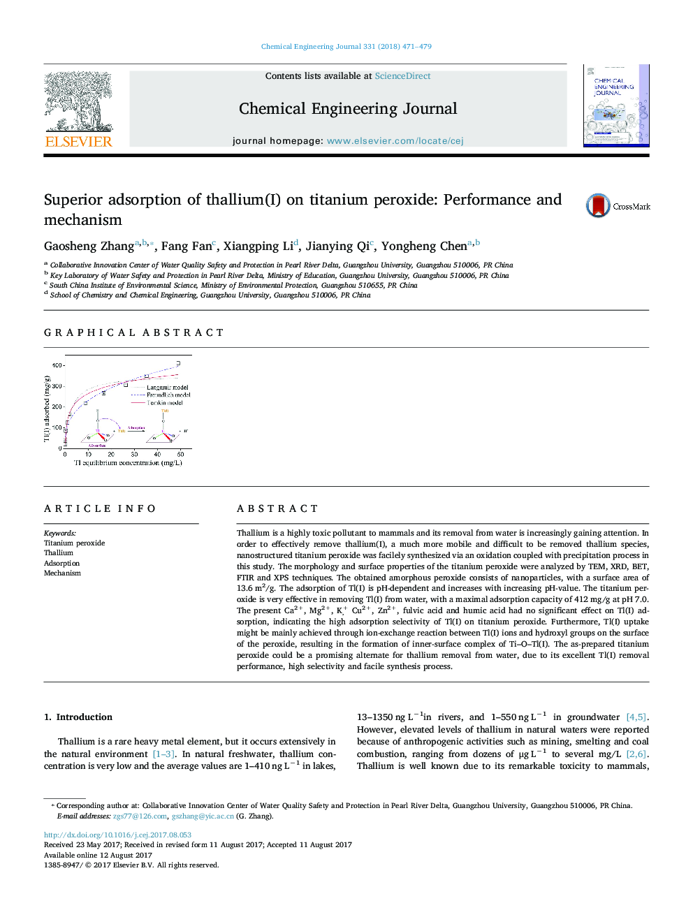 Superior adsorption of thallium(I) on titanium peroxide: Performance and mechanism