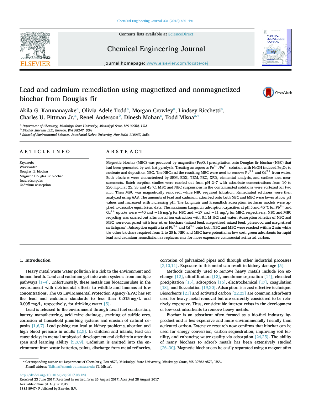 Lead and cadmium remediation using magnetized and nonmagnetized biochar from Douglas fir