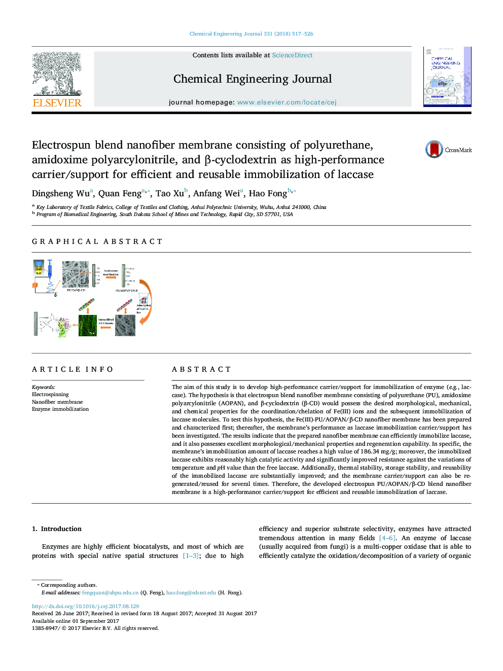 Electrospun blend nanofiber membrane consisting of polyurethane, amidoxime polyarcylonitrile, and Î²-cyclodextrin as high-performance carrier/support for efficient and reusable immobilization of laccase