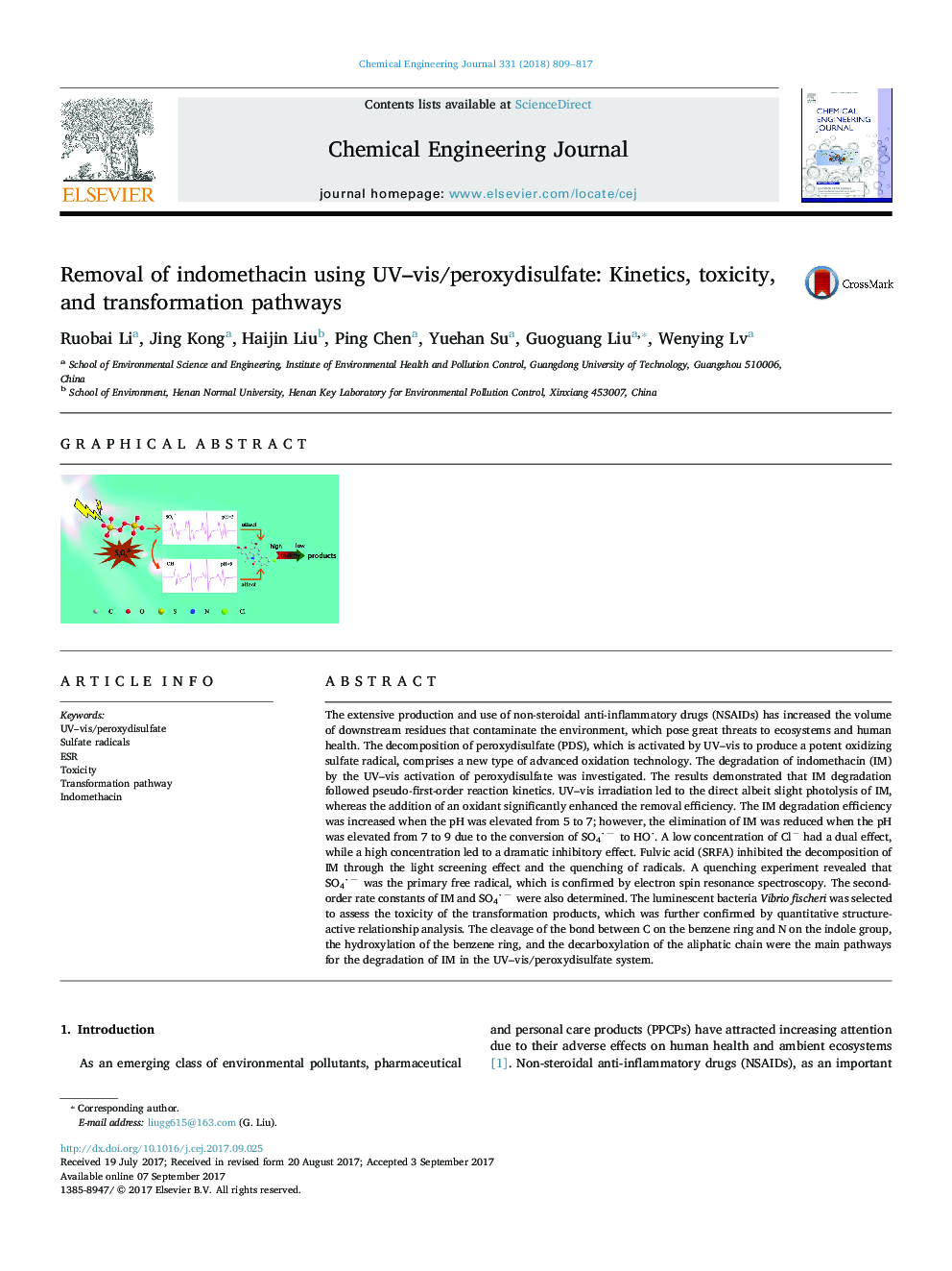 Removal of indomethacin using UV-vis/peroxydisulfate: Kinetics, toxicity, and transformation pathways