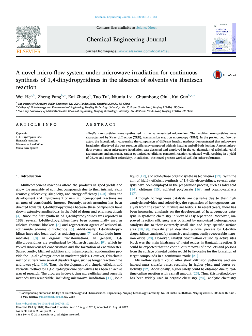 A novel micro-flow system under microwave irradiation for continuous synthesis of 1,4-dihydropyridines in the absence of solvents via Hantzsch reaction