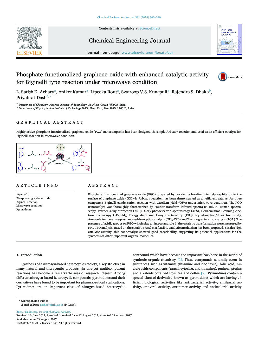 Phosphate functionalized graphene oxide with enhanced catalytic activity for Biginelli type reaction under microwave condition