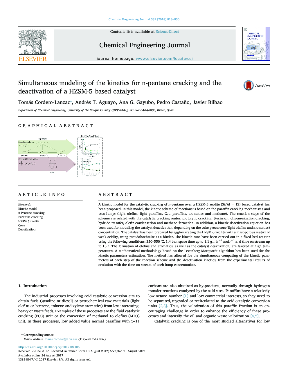 Simultaneous modeling of the kinetics for n-pentane cracking and the deactivation of a HZSM-5 based catalyst