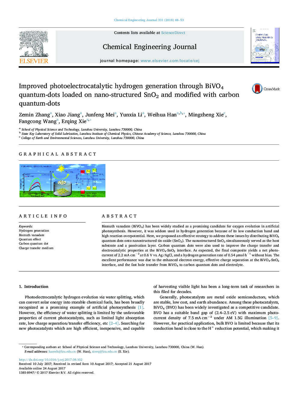 Improved photoelectrocatalytic hydrogen generation through BiVO4 quantum-dots loaded on nano-structured SnO2 and modified with carbon quantum-dots