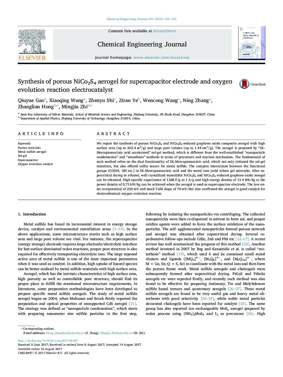 Synthesis of porous NiCo2S4 aerogel for supercapacitor electrode and oxygen evolution reaction electrocatalyst