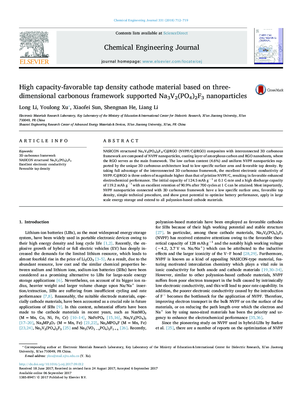 High capacity-favorable tap density cathode material based on three-dimensional carbonous framework supported Na3V2(PO4)2F3 nanoparticles