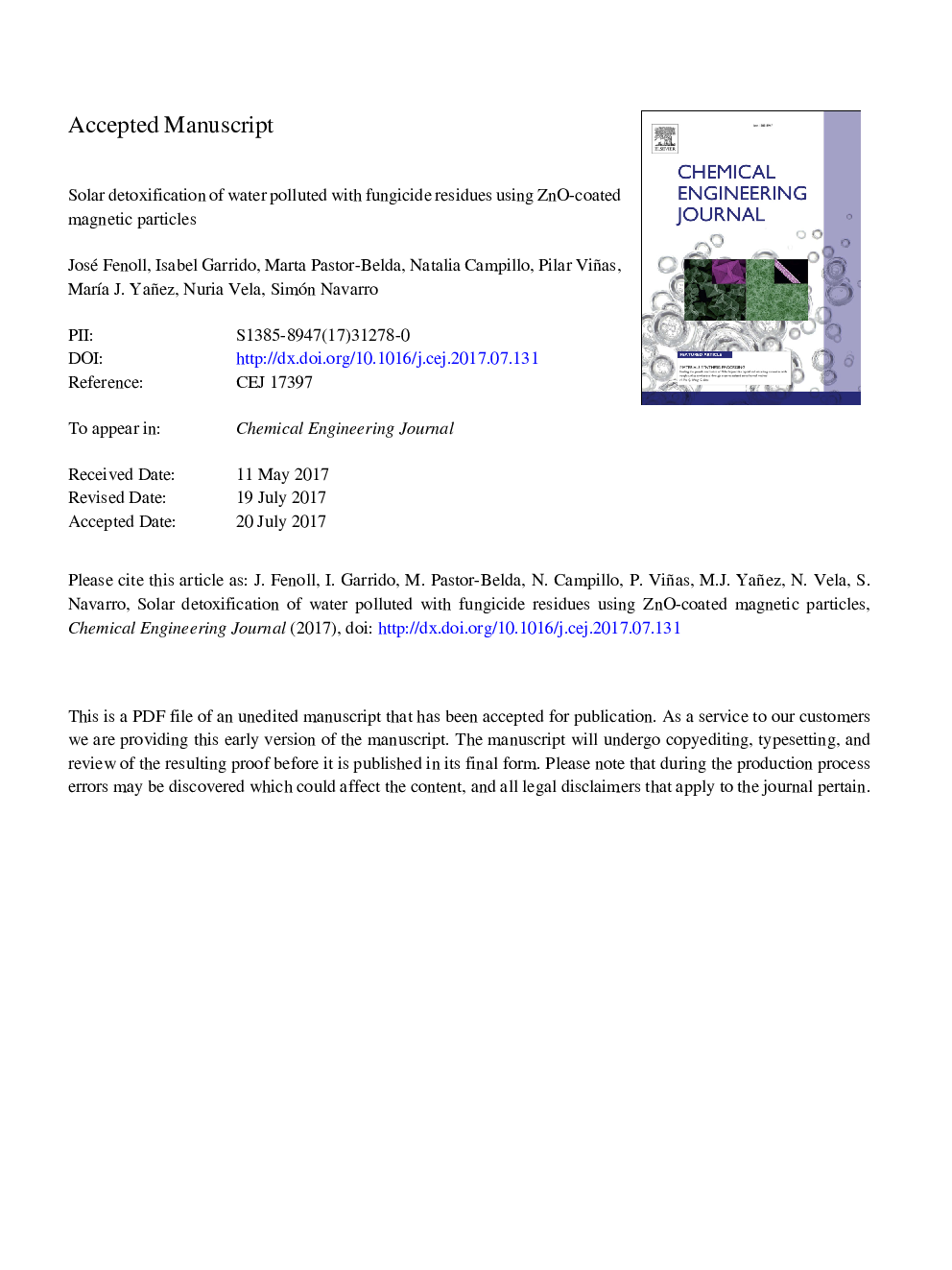 Solar detoxification of water polluted with fungicide residues using ZnO-coated magnetic particles