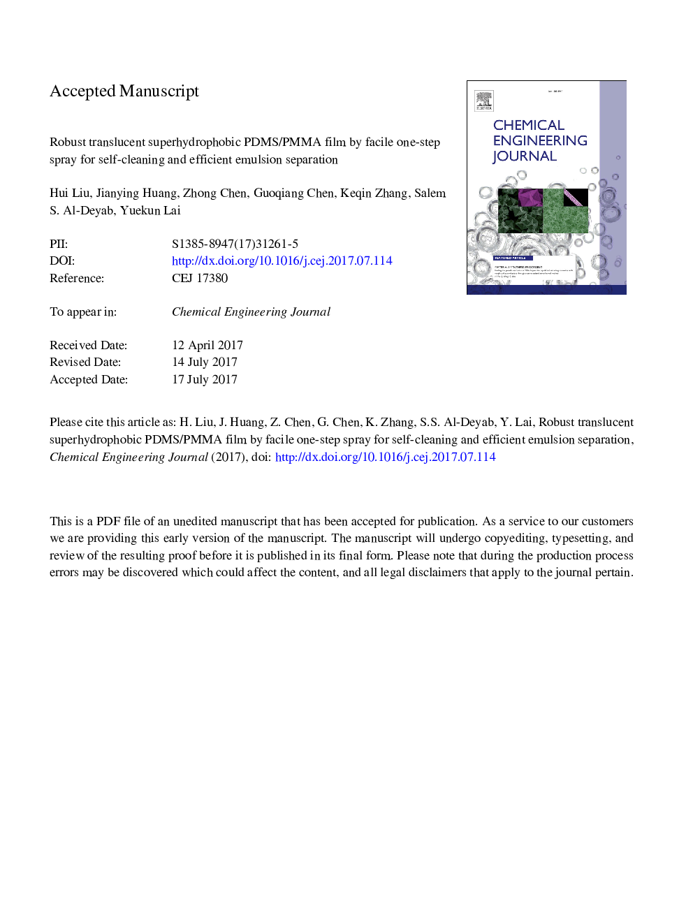 Robust translucent superhydrophobic PDMS/PMMA film by facile one-step spray for self-cleaning and efficient emulsion separation