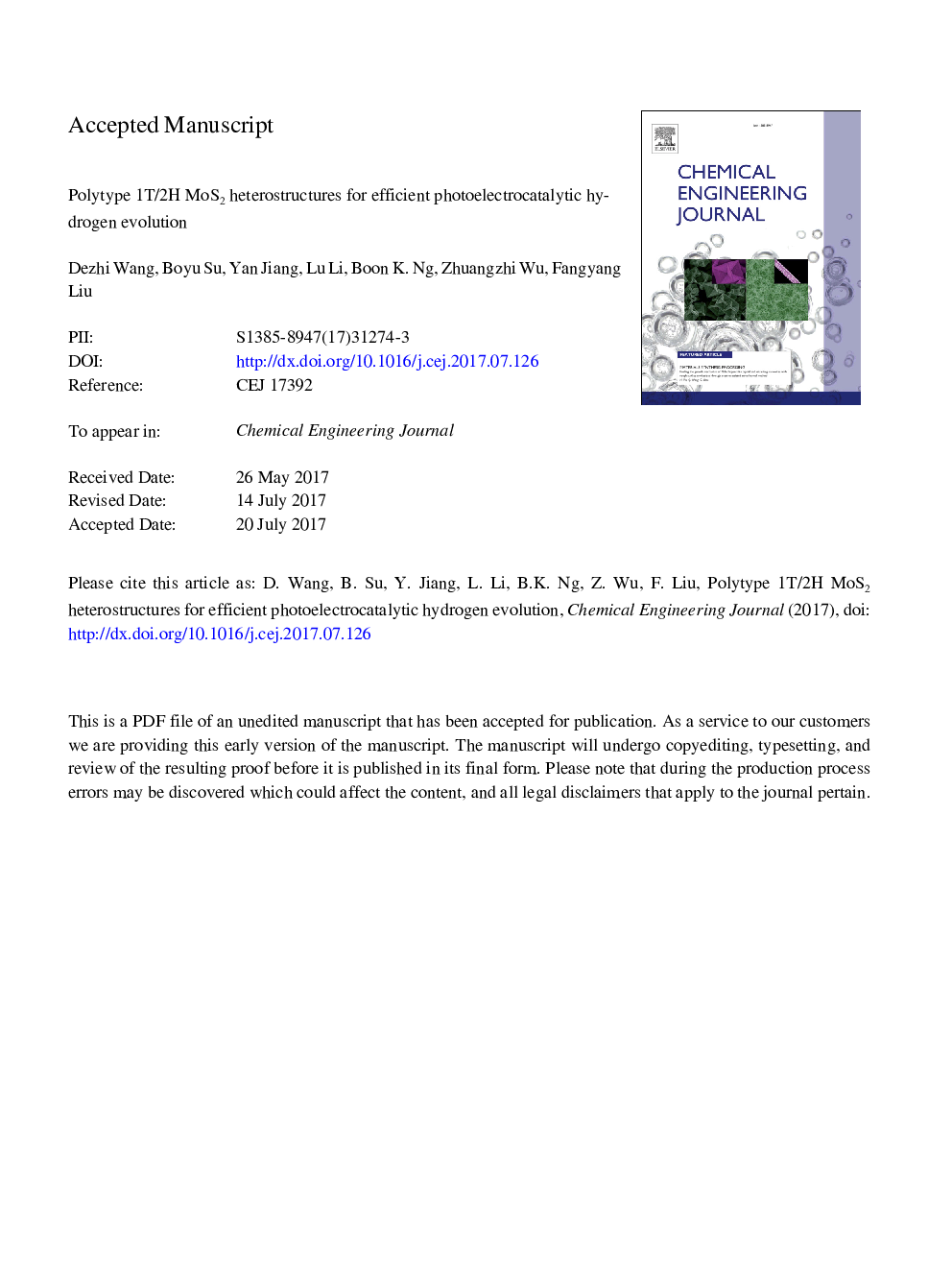 عکس صفحه اول مقاله: Polytype 1T/2H MoS2 heterostructures for efficient photoelectrocatalytic hydrogen evolution Polytype 1T/2H MoS2 heterostructures for efficient photoelectrocatalytic hydrogen evolution