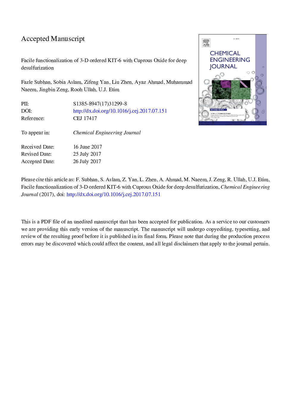 Facile functionalization of 3-D ordered KIT-6 with cuprous oxide for deep desulfurization