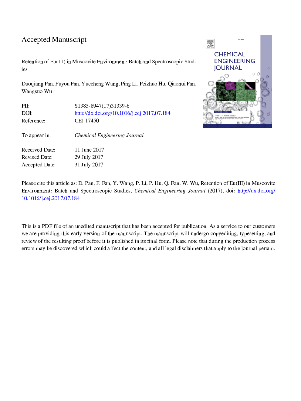 Retention of Eu(III) in muscovite environment: Batch and spectroscopic studies