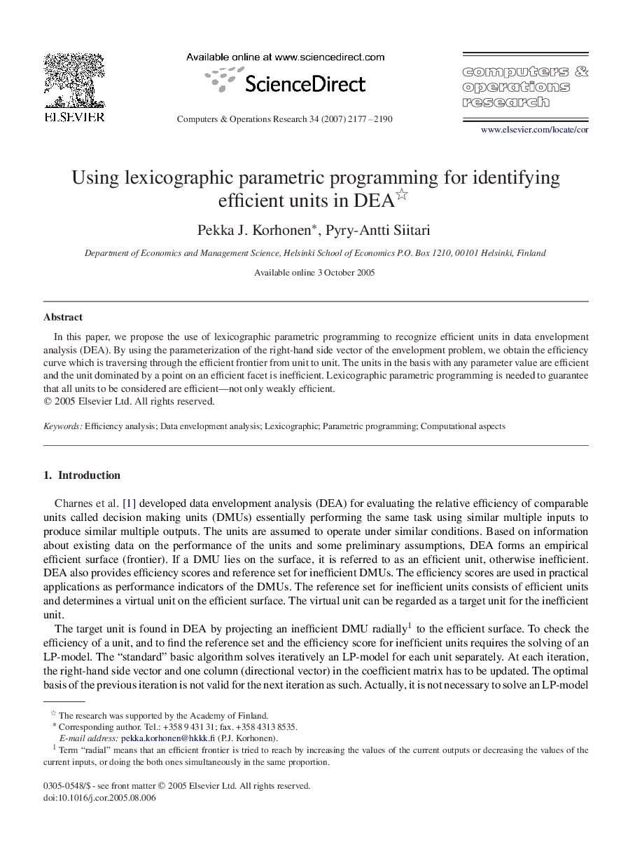 Using lexicographic parametric programming for identifying efficient units in DEA 