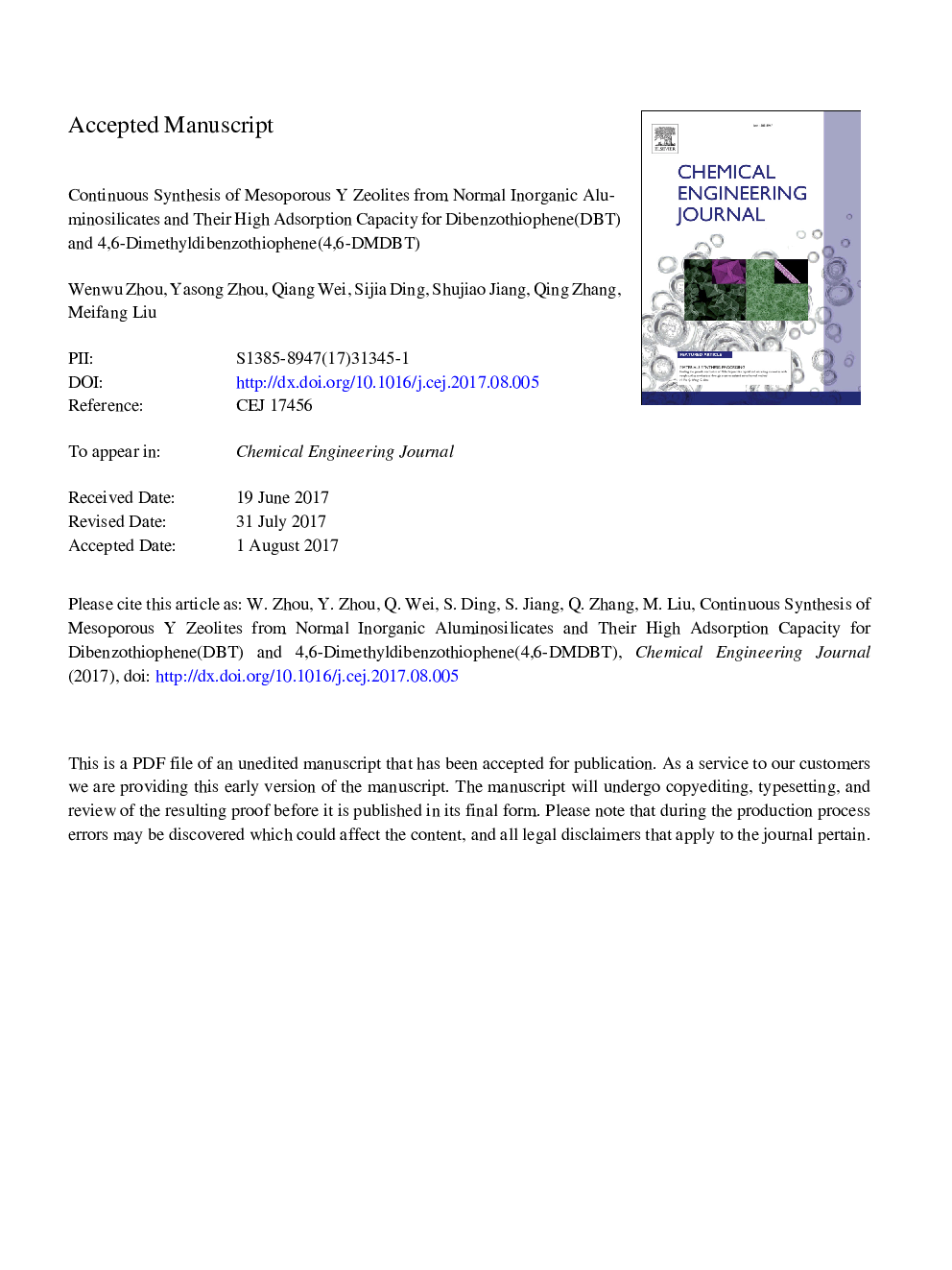 Continuous synthesis of mesoporous Y zeolites from normal inorganic aluminosilicates and their high adsorption capacity for dibenzothiophene (DBT) and 4,6-dimethyldibenzothiophene (4,6-DMDBT)