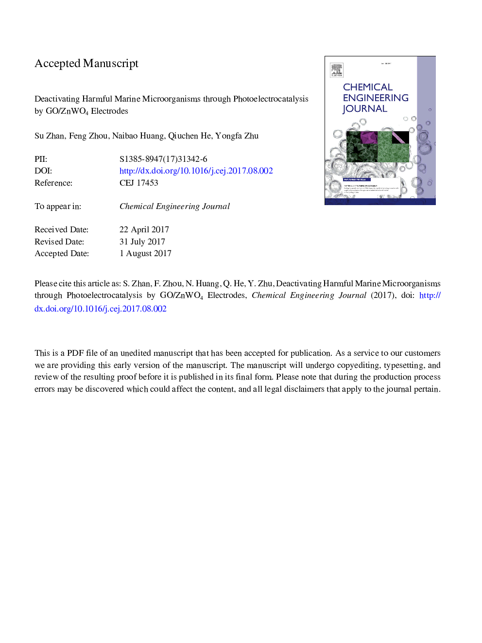 Deactivating harmful marine microorganisms through photoelectrocatalysis by GO/ZnWO4 electrodes