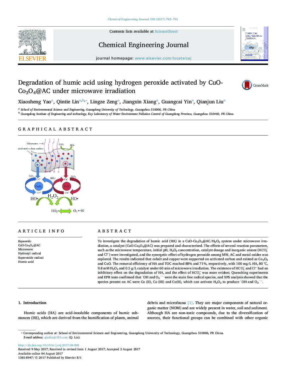 Degradation of humic acid using hydrogen peroxide activated by CuO-Co3O4@AC under microwave irradiation