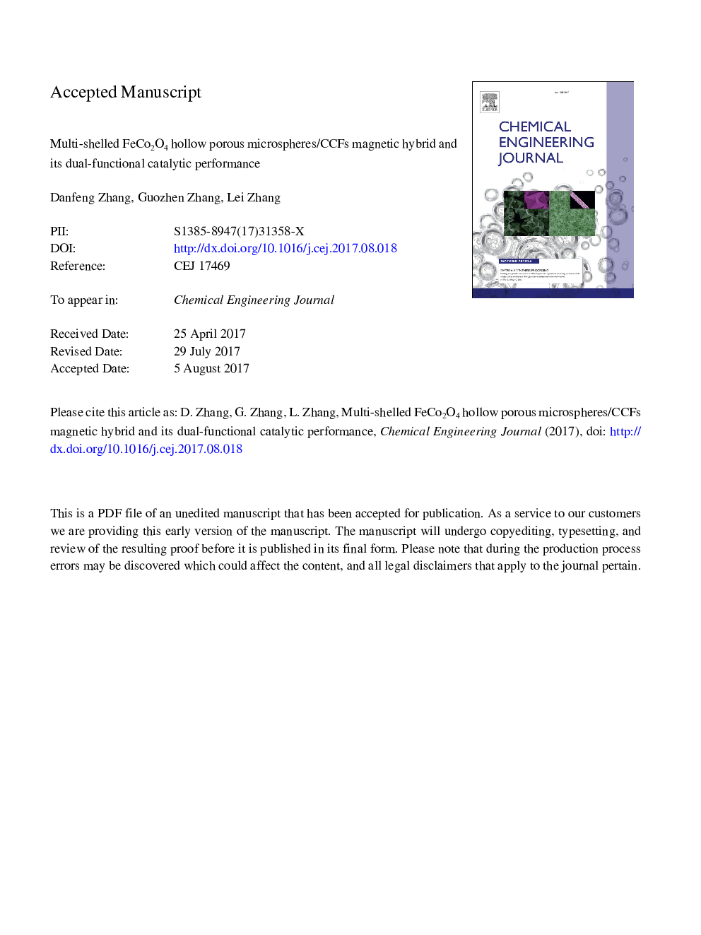 Multi-shelled FeCo2O4 hollow porous microspheres/CCFs magnetic hybrid and its dual-functional catalytic performance