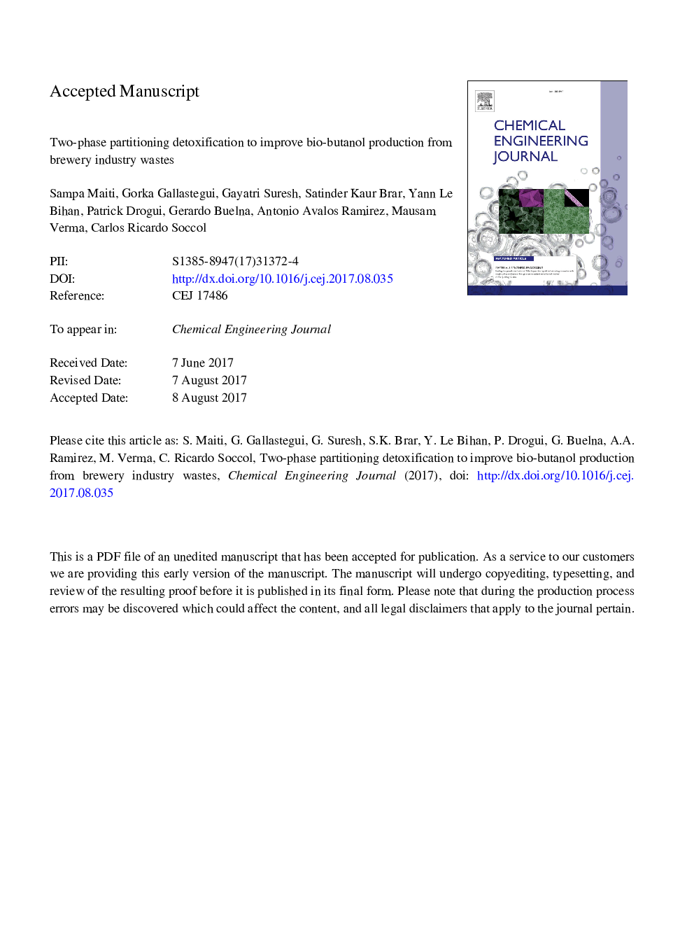 Two-phase partitioning detoxification to improve biobutanol production from brewery industry wastes