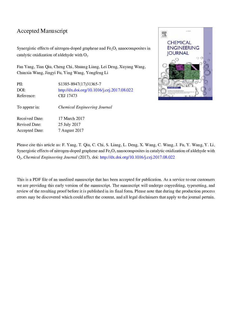 Synergistic effects of nitrogen-doped graphene and Fe2O3 nanocomposites in catalytic oxidization of aldehyde with O2