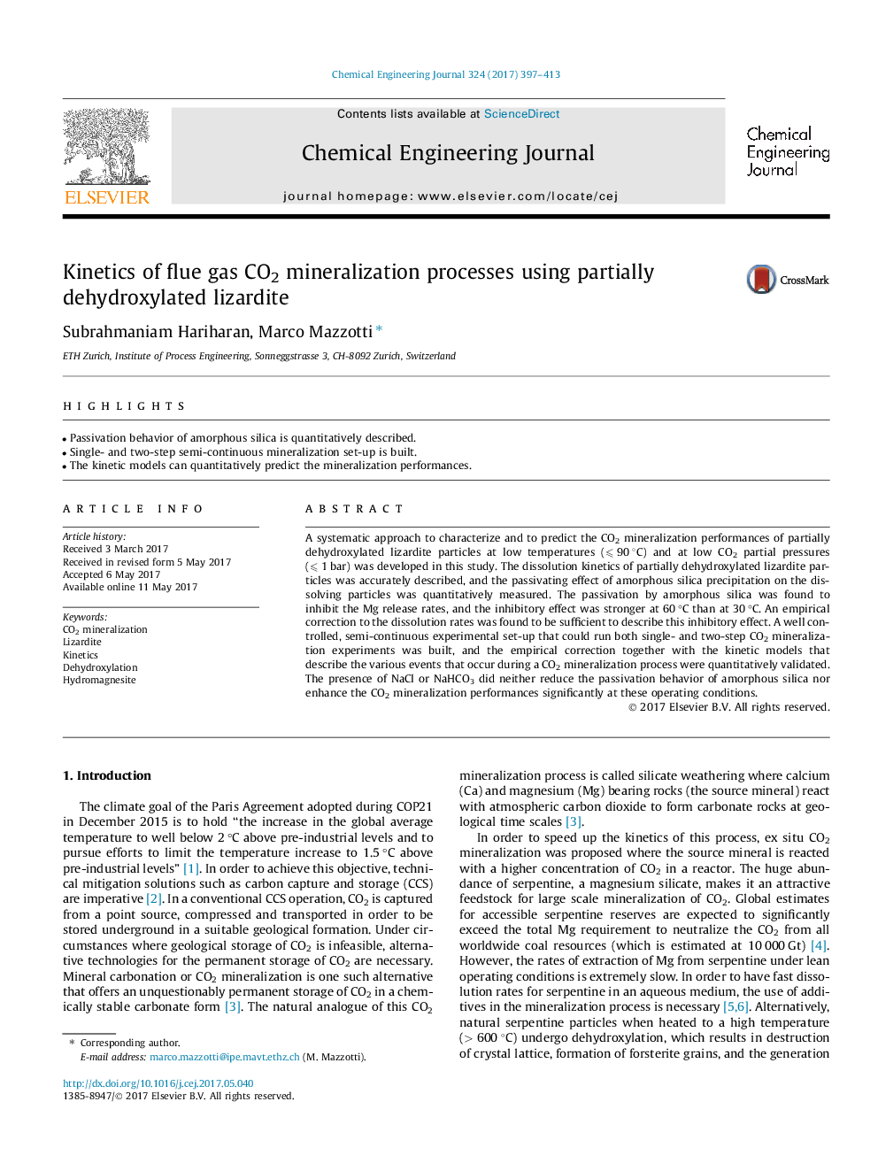 عکس صفحه اول مقاله: Kinetics of flue gas CO2 mineralization processes using partially dehydroxylated lizardite Kinetics of flue gas CO2 mineralization processes using partially dehydroxylated lizardite