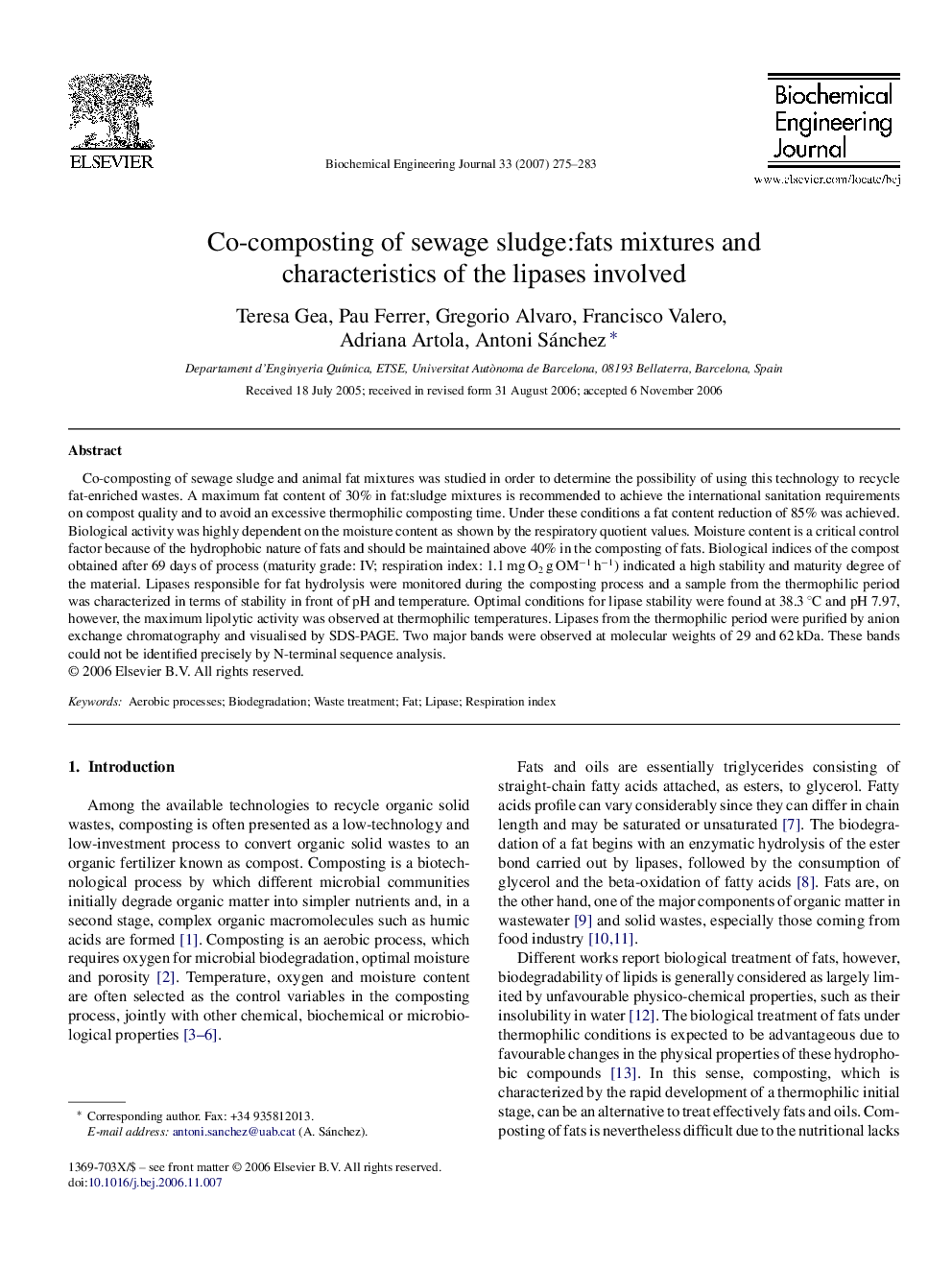 Co-composting of sewage sludge:fats mixtures and characteristics of the lipases involved