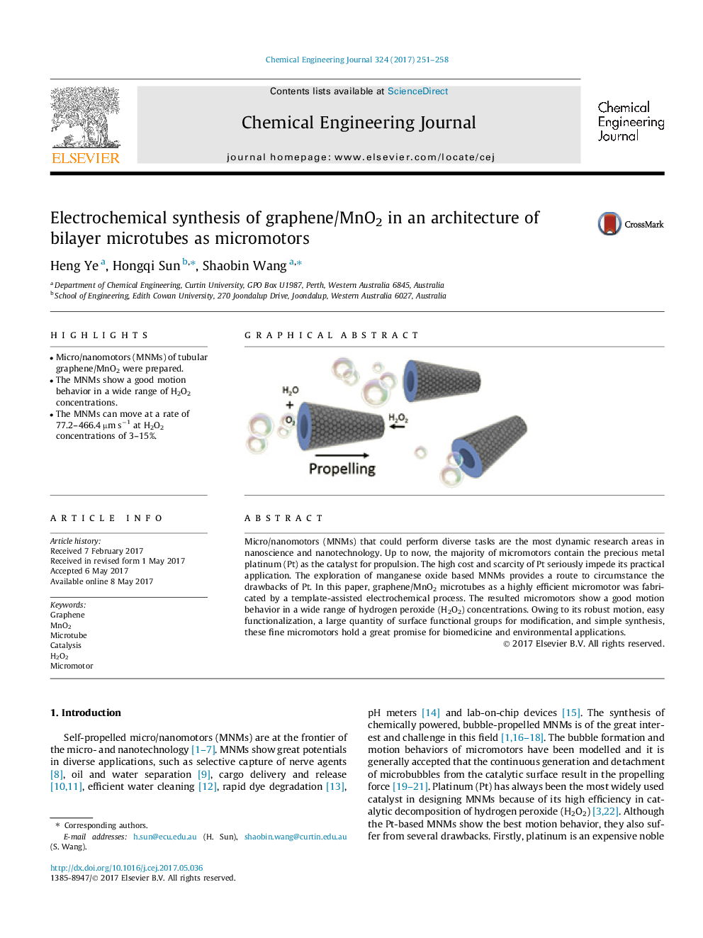 Electrochemical synthesis of graphene/MnO2 in an architecture of bilayer microtubes as micromotors