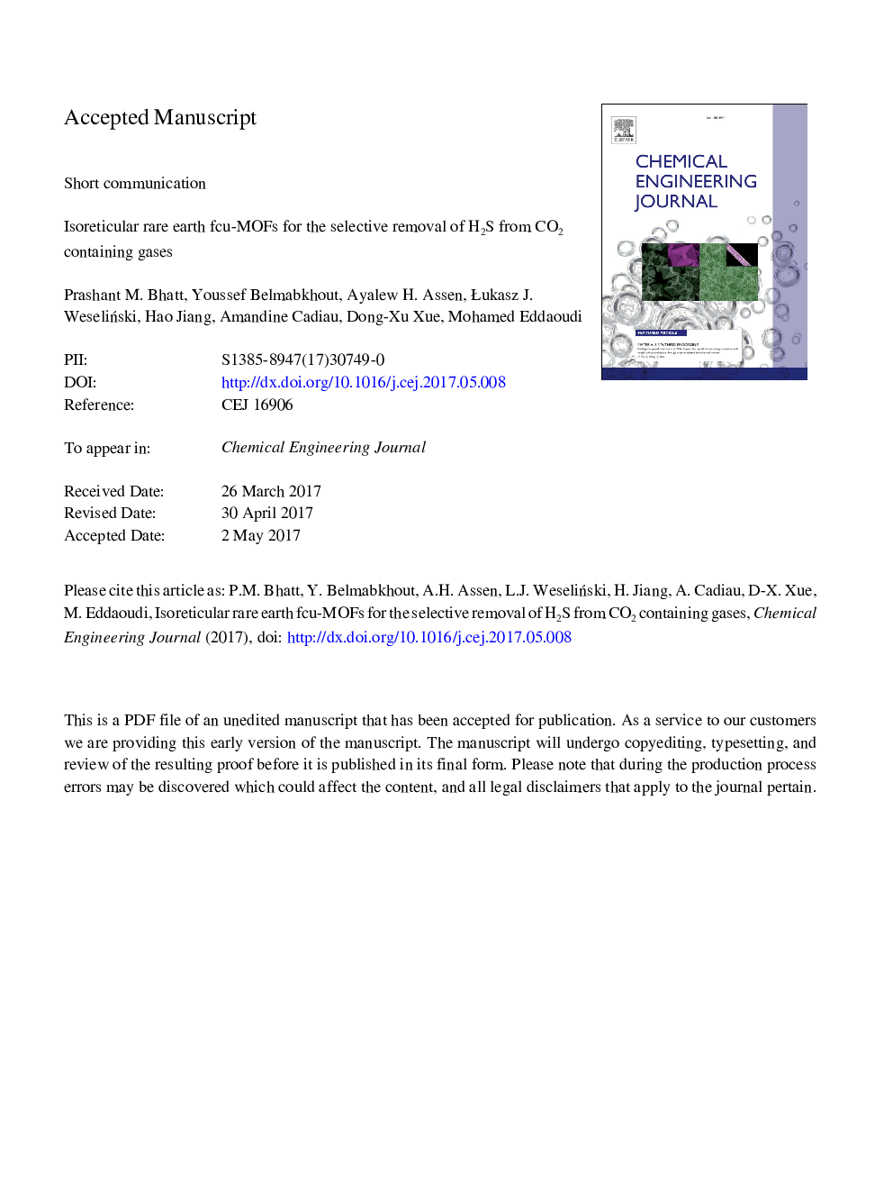 Isoreticular rare earth fcu-MOFs for the selective removal of H2S from CO2 containing gases