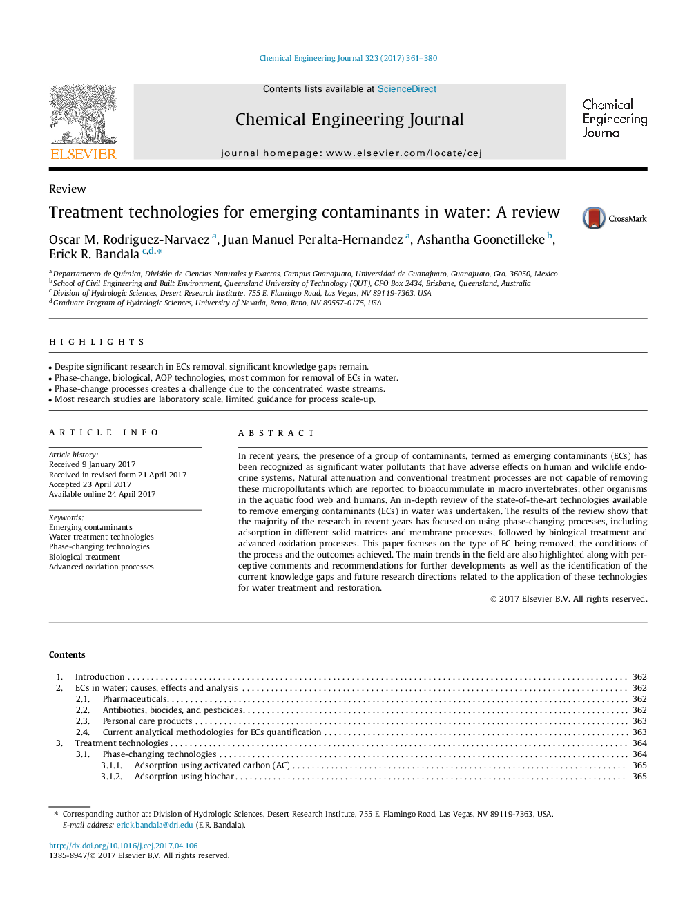 Treatment technologies for emerging contaminants in water: A review