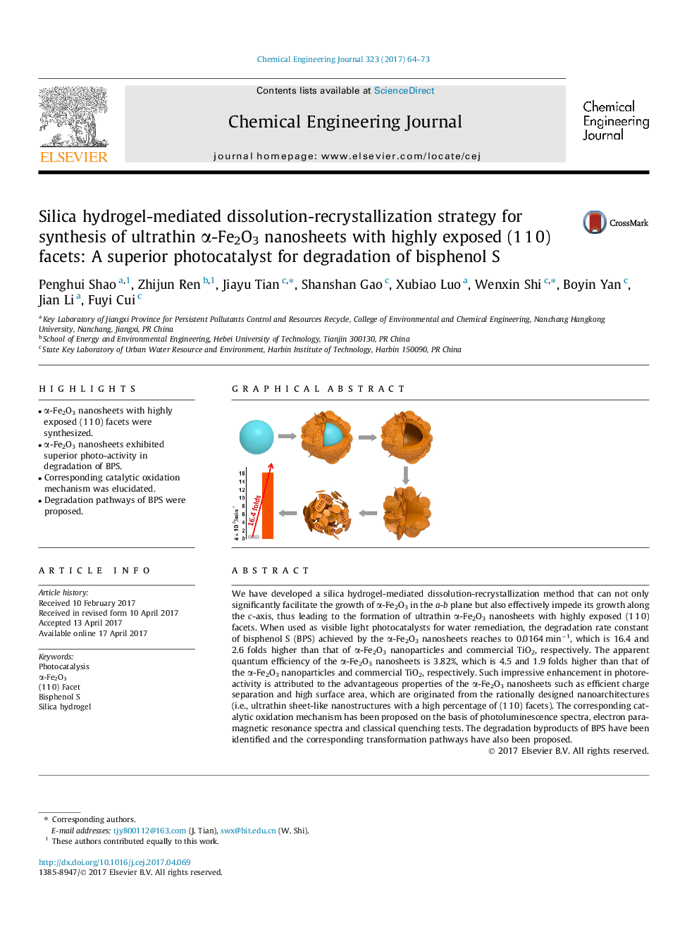 عکس صفحه اول مقاله: Silica hydrogel-mediated dissolution-recrystallization strategy for synthesis of ultrathin α-Fe2O3 nanosheets with highly exposed (1 1 0) facets: A superior photocatalyst for degradation of bisphenol S Silica hydrogel-mediated dissolution-recrystallization strategy for synthesis of ultrathin α-Fe2O3 nanosheets with highly exposed (1 1 0) facets: A superior photocatalyst for degradation of bisphenol S