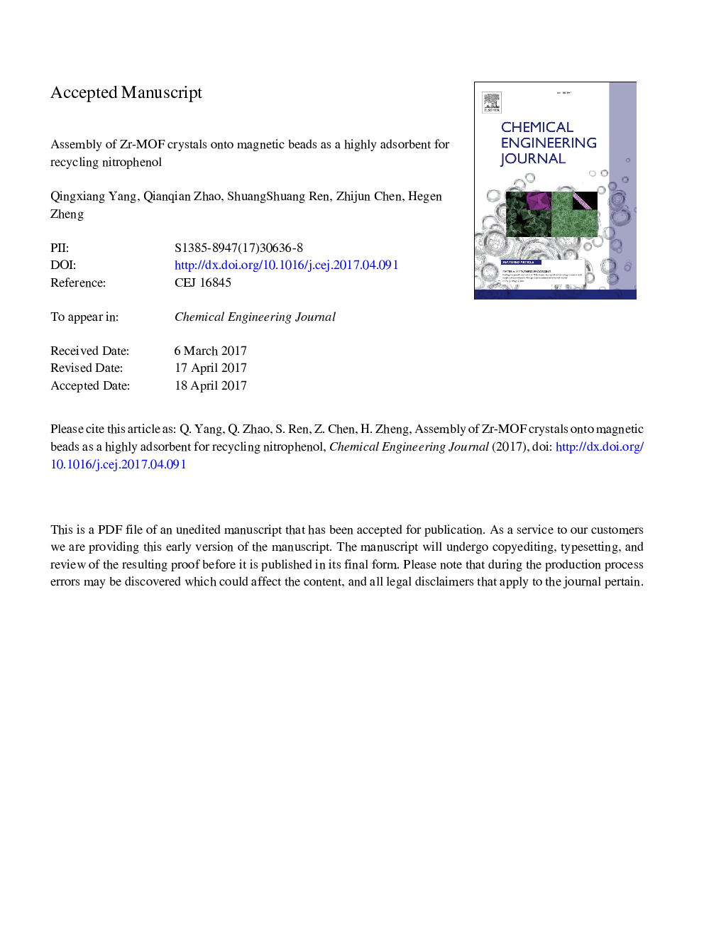 Assembly of Zr-MOF crystals onto magnetic beads as a highly adsorbent for recycling nitrophenol