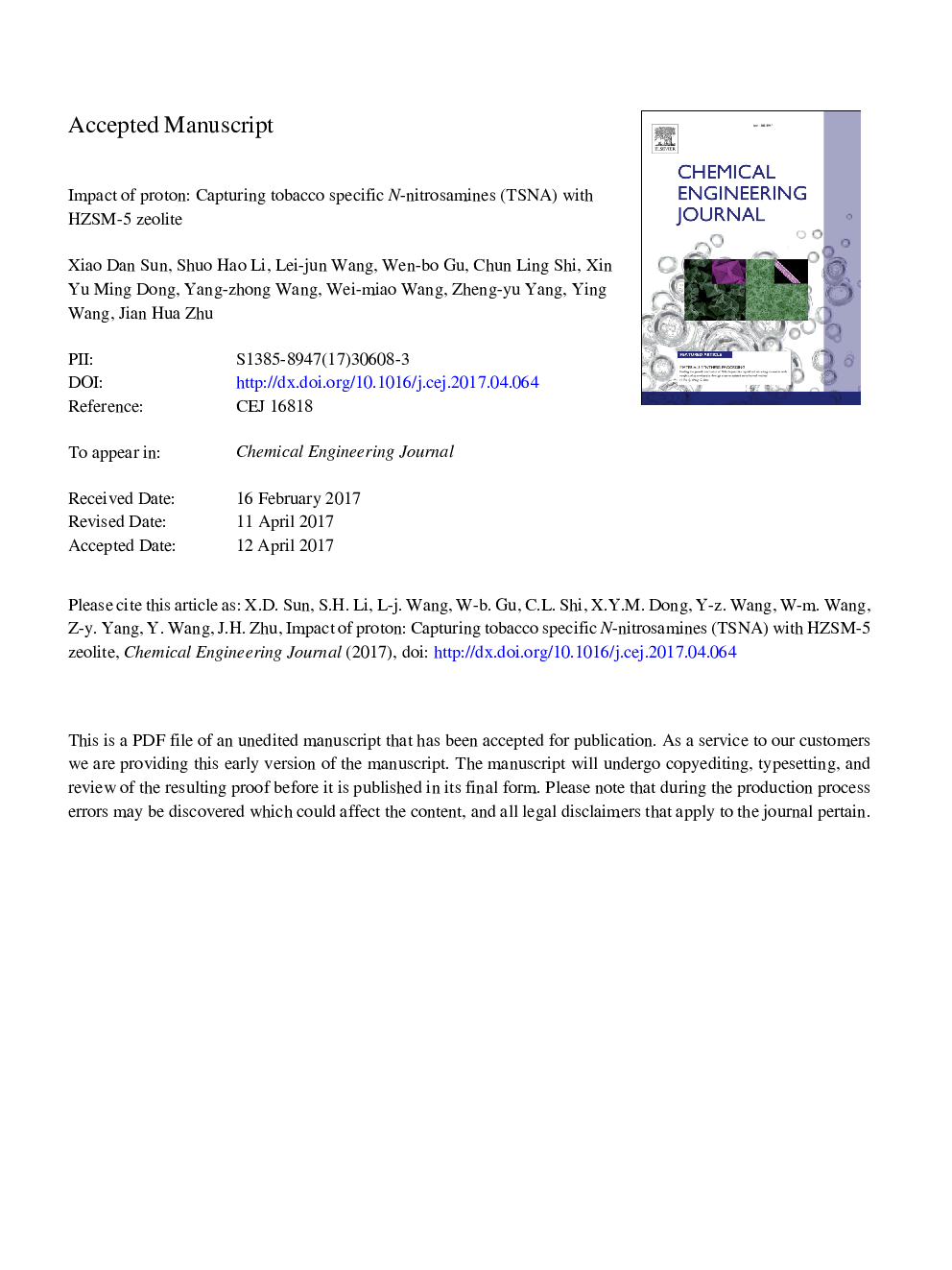 Impact of proton: Capturing tobacco specific N-nitrosamines (TSNA) with HZSM-5 zeolite