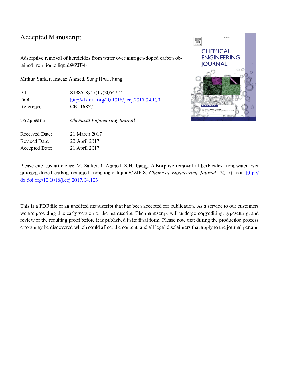 Adsorptive removal of herbicides from water over nitrogen-doped carbon obtained from ionic liquid@ZIF-8