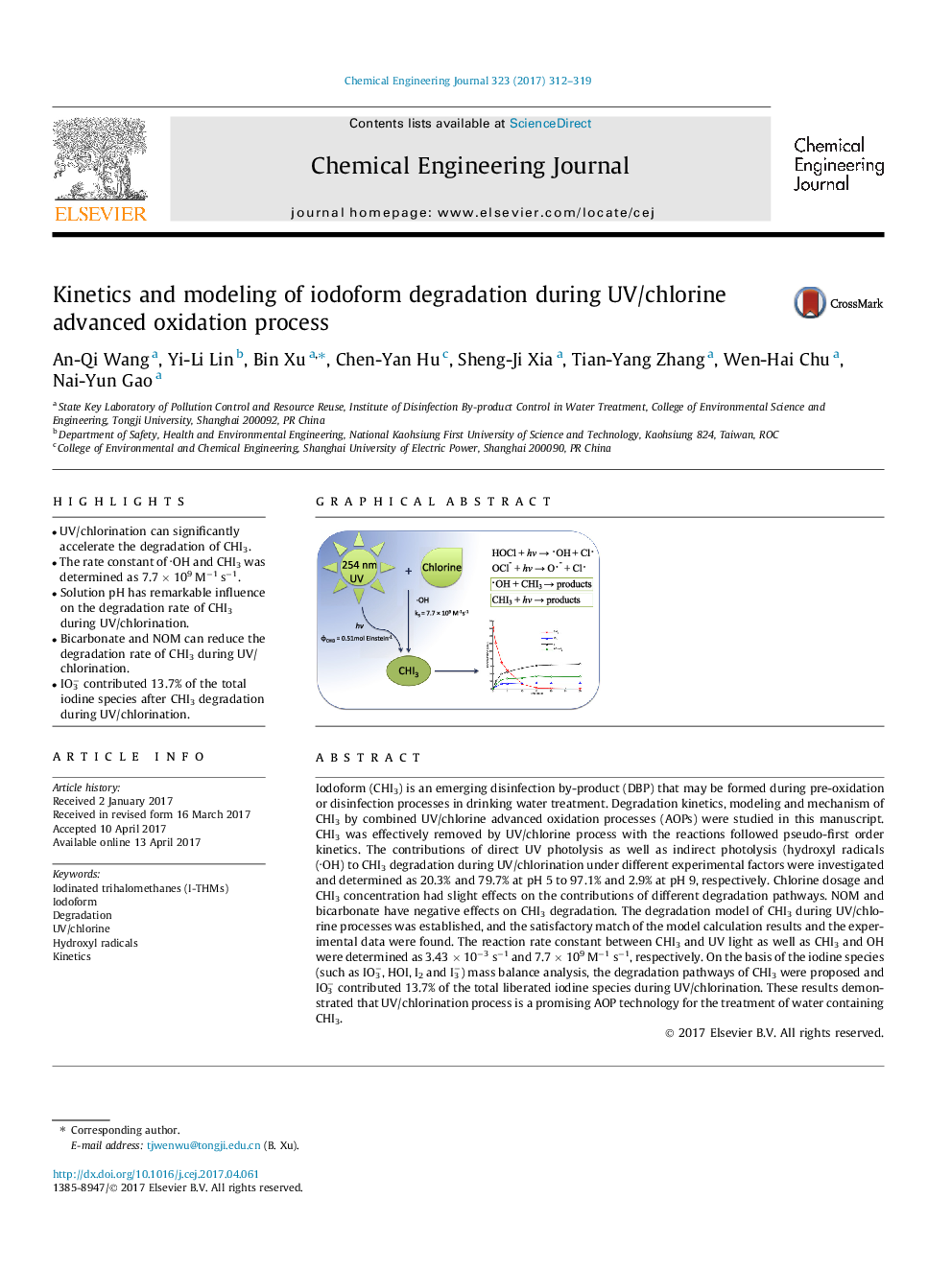 Kinetics and modeling of iodoform degradation during UV/chlorine advanced oxidation process